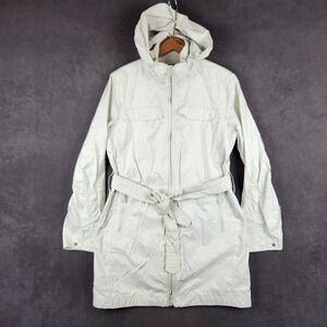 LL Bean West End Trench Coat Womens Medium White Hooded Lightweight Packable